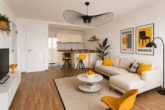 Zeitlose Bauhaus-Architektur – stilvoll wohnen in Mannheim-Casterfeld - Wohnbereich mit Küche Virtuelle-Darstellung